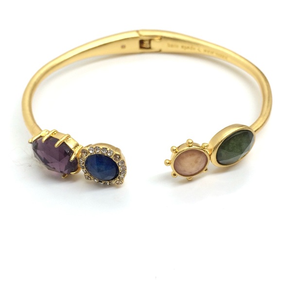 KATE SPADE PERFECTLY IMPERFECT GOLD TONE OPEN HINGED CUFF MULTI COLOR STONES - Picture 5 of 13